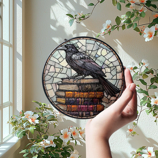 Crow and book stack GLASS Window hanging, Raven glass, Reading lover gift, Librarian gift, Reading room sign, Book worm gift,Book Lover gift