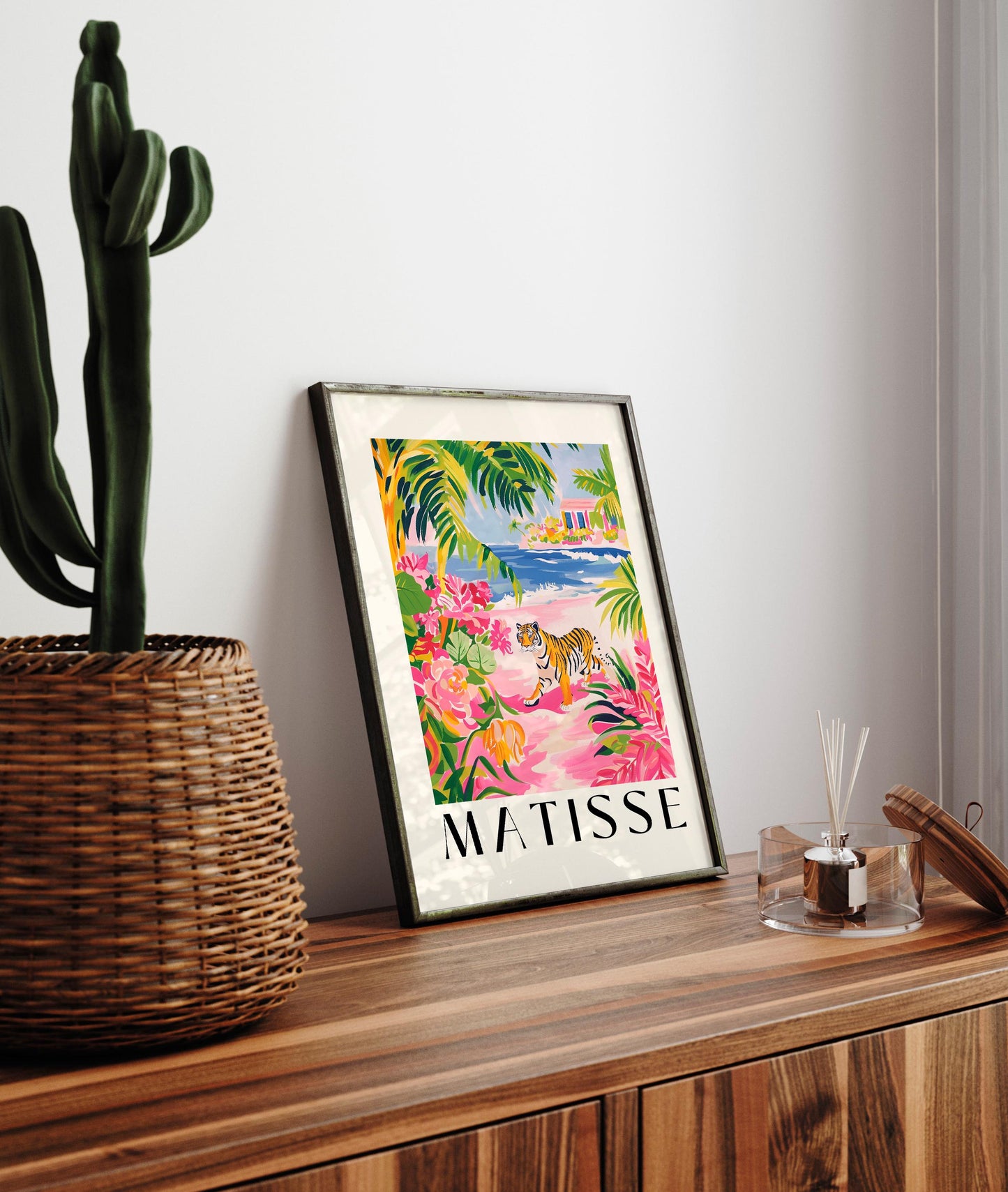 Pink Tiger Art Print: Beachy Matisse Style Wall Art
