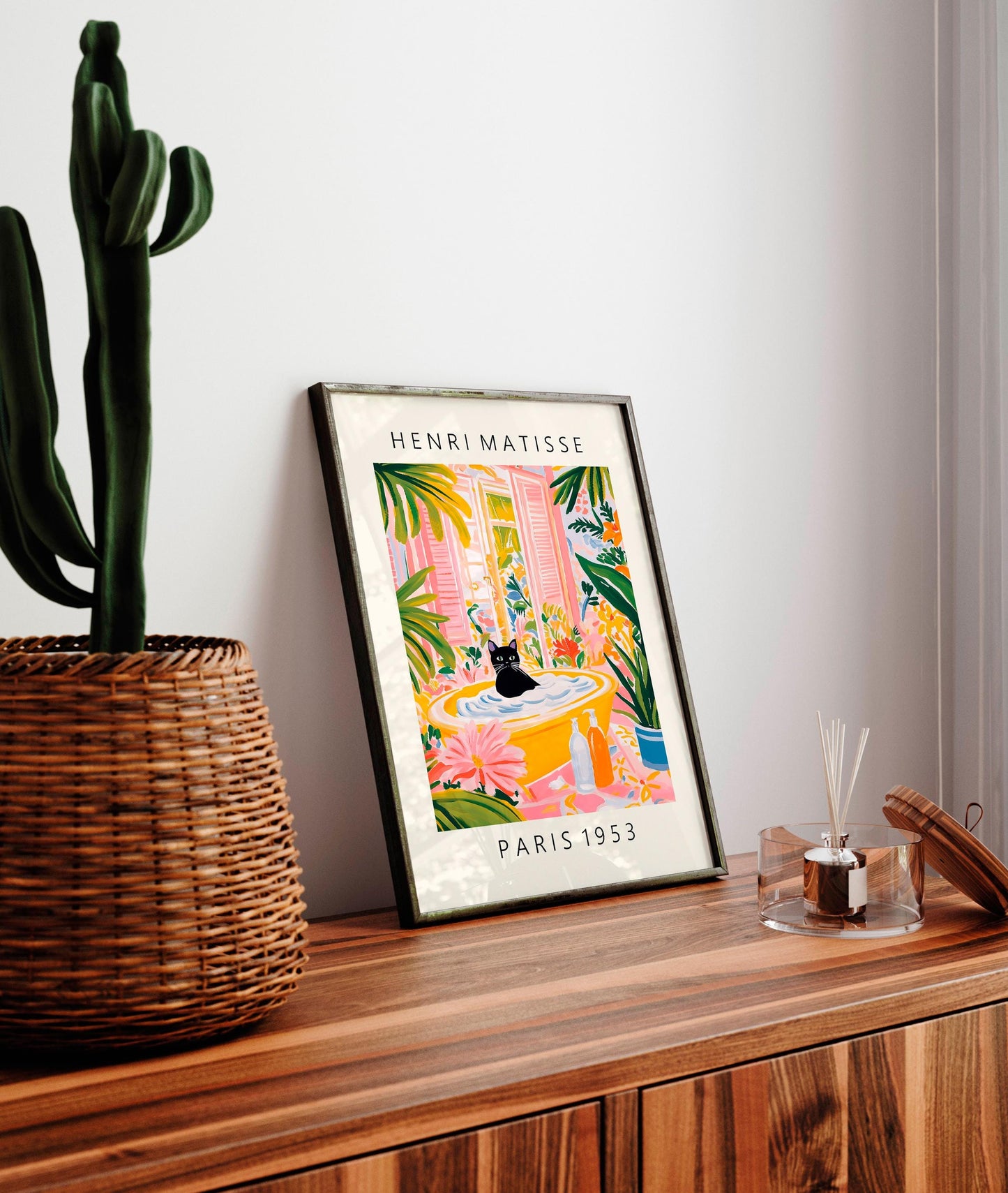 Black Cat in Bathtub Print: Matisse Style Bathroom Wall Art