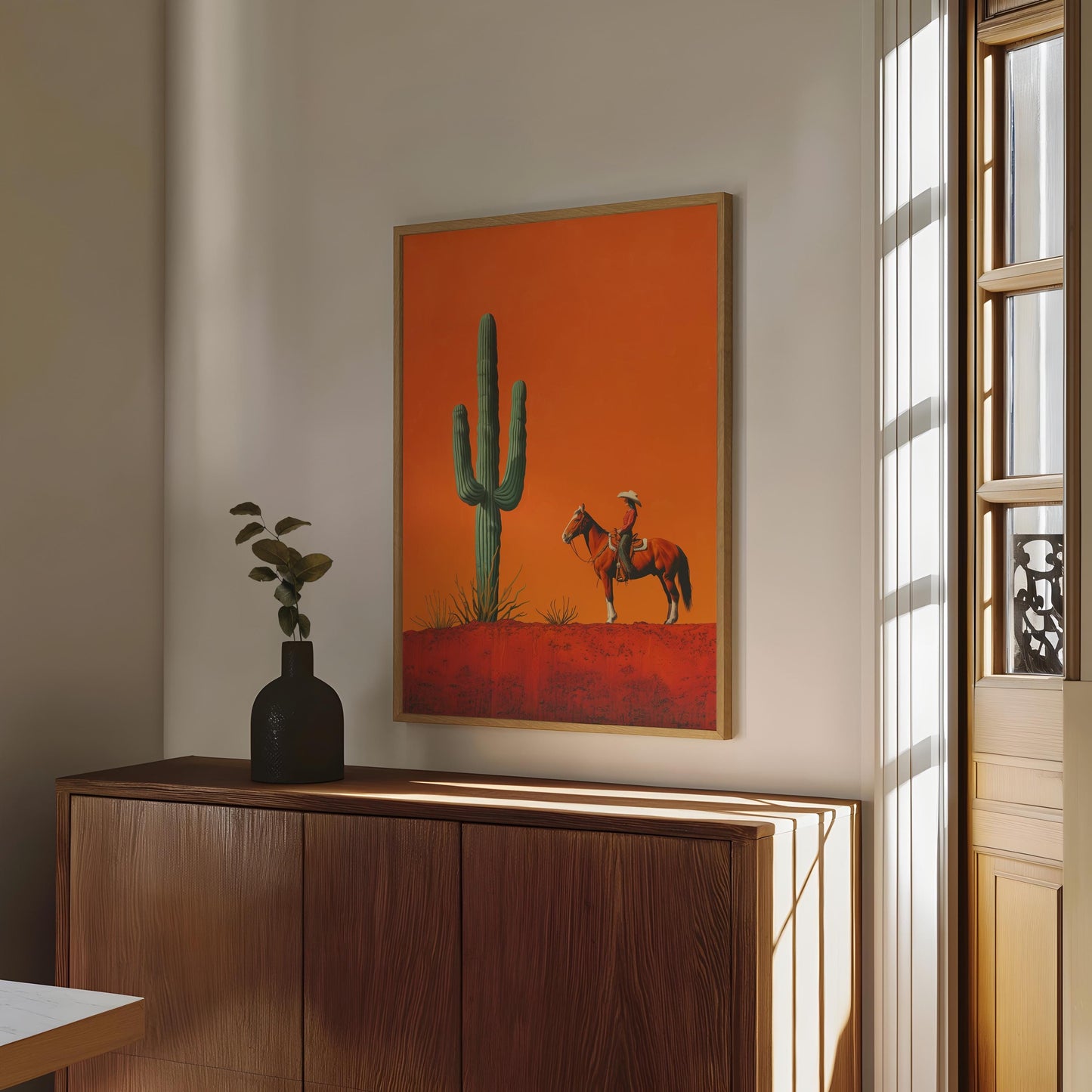 Cowgirl Minimalist Boho Western Illustration, Vintage Southwestern Boho Art, Cowboy Wall Print, Terracotta Sunset, Retro Cowboy Cowgirl Art