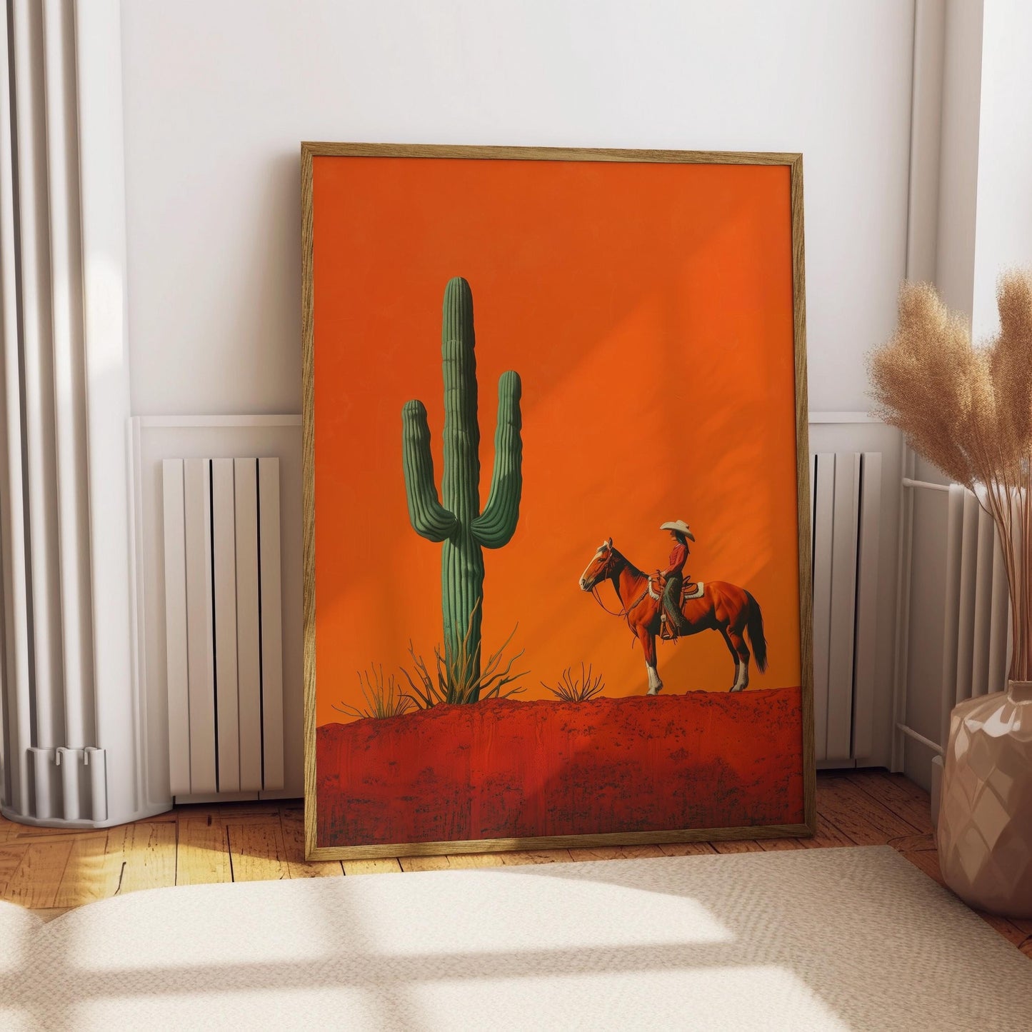 Cowgirl Minimalist Boho Western Illustration, Vintage Southwestern Boho Art, Cowboy Wall Print, Terracotta Sunset, Retro Cowboy Cowgirl Art