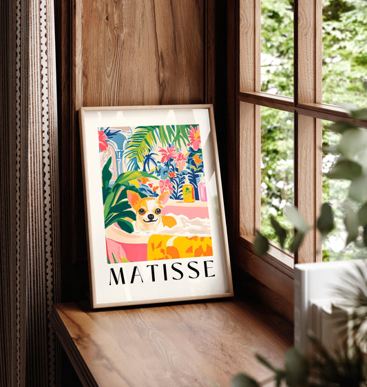 Chihuahua in Bathtub Art Print: Tropical Bathroom, Matisse Style