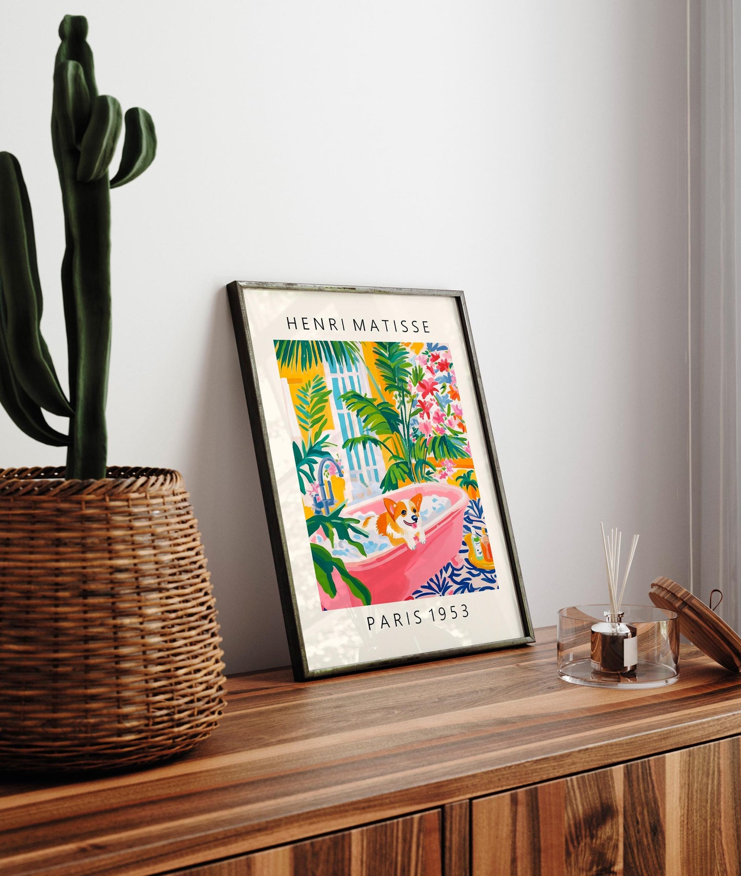 Corgi in Bathtub Art Print: Funny Dog Painting in Matisse Style