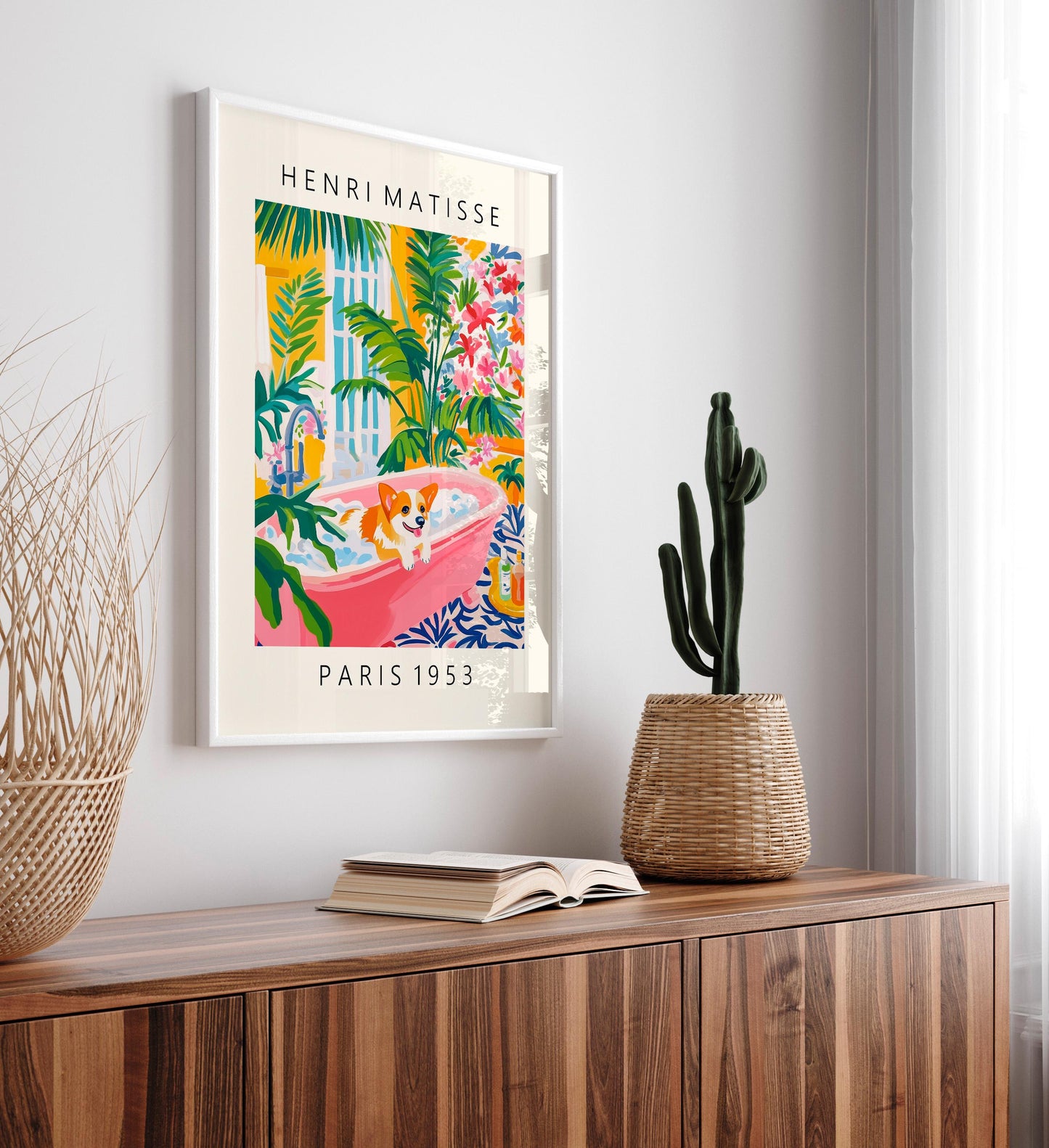 Corgi in Bathtub Art Print: Funny Dog Painting in Matisse Style