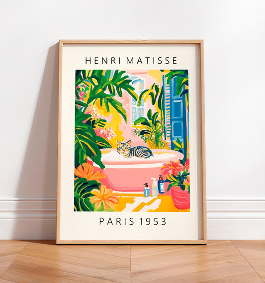Grey Tabby Cat Bath Art Print: Matisse Style Bathroom Decor