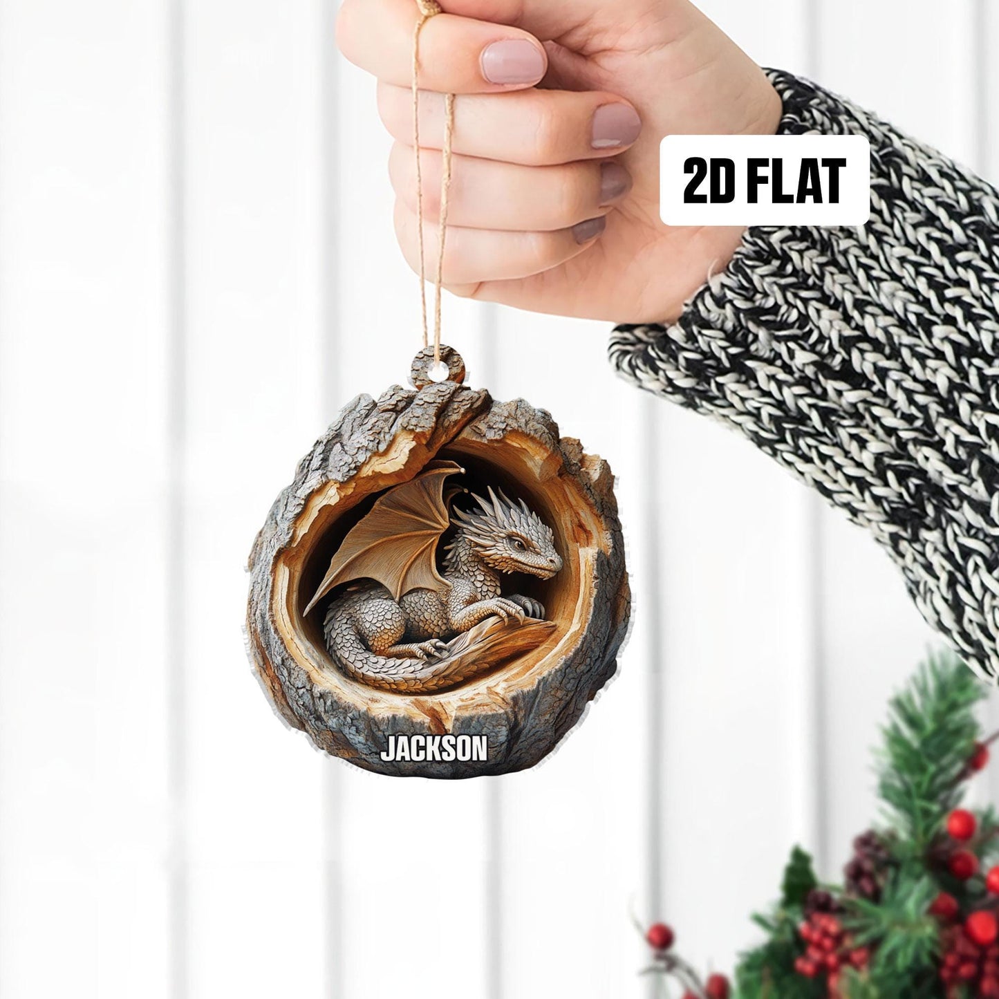 Personalized Dragon 2D Flat Ornament, Custom Name Christmas Tree Ornament, Dragon Christmas Home Decor, Xmas Gift for Dragon Lover