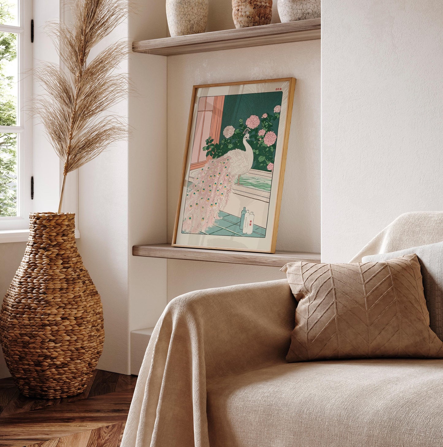 Albino Peacock Ukiyo-e Art: Japanese Bathroom Print