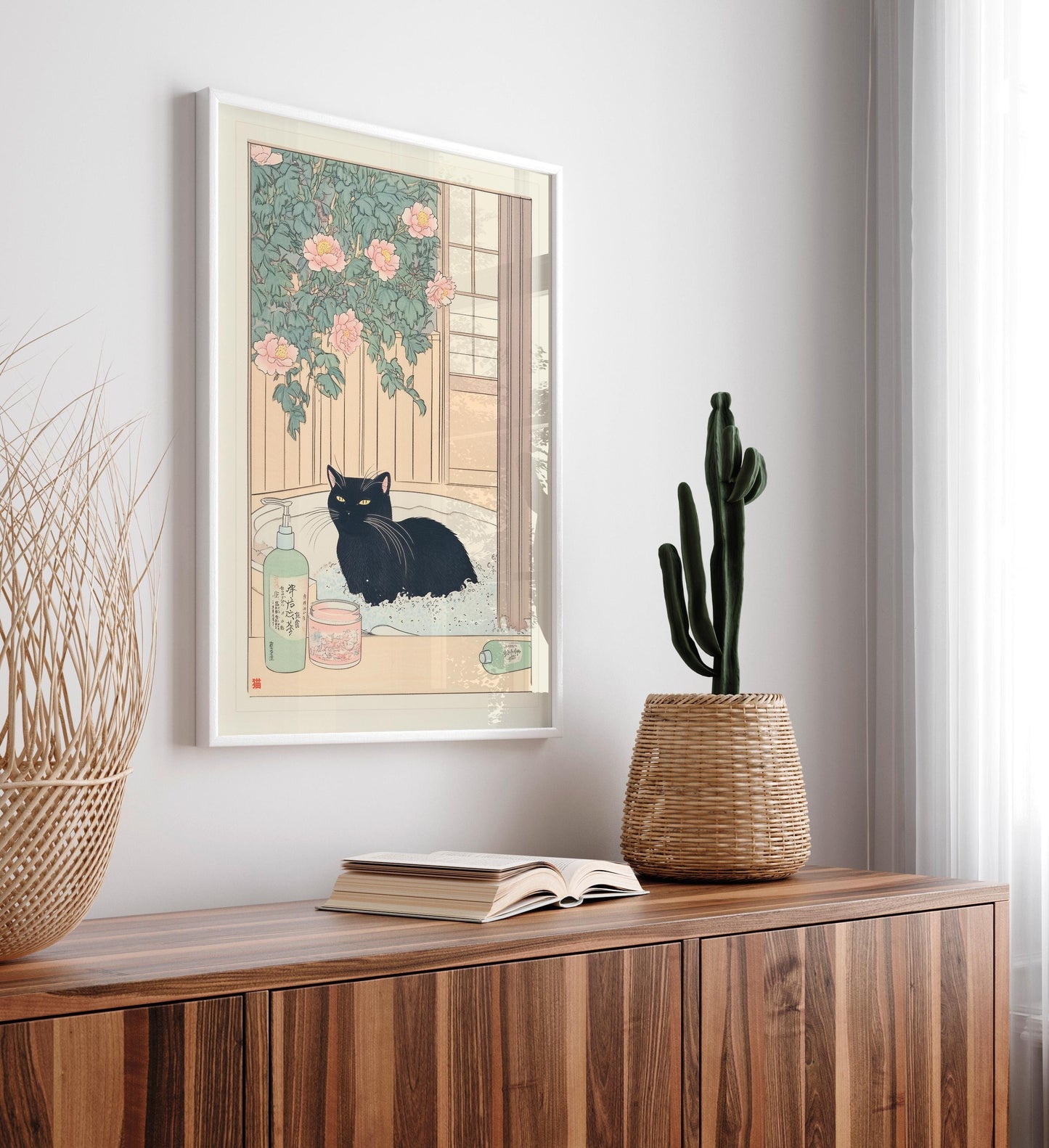 Japanese Black Cat in Bathtub Wall Art: Ukiyo-e Style Bathroom Print