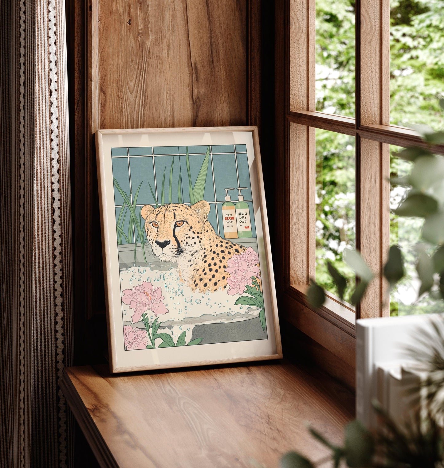 Cheetah in Bathtub Art Print: Japanese Ukiyo-e Style Bathroom Decor