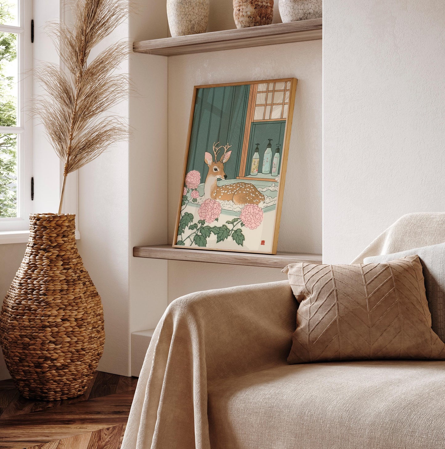 Deer in Bathtub Ukiyo-e Print: Japandi Bathroom Wall Art