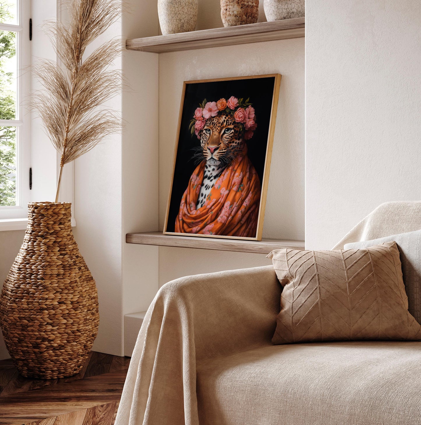 Boho Leopard Art Print: Floral Crown, Bold Animal Portrait