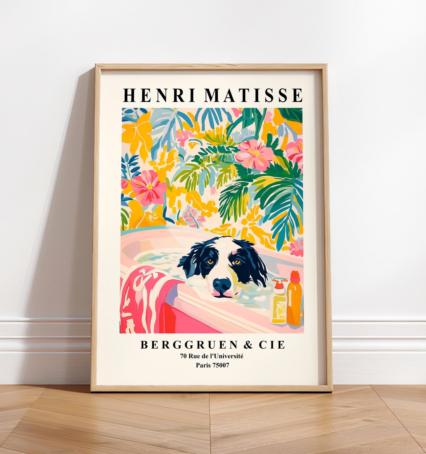Border Collie Bathroom Art Print: Funny Dog in Tub, Pink Matisse Style