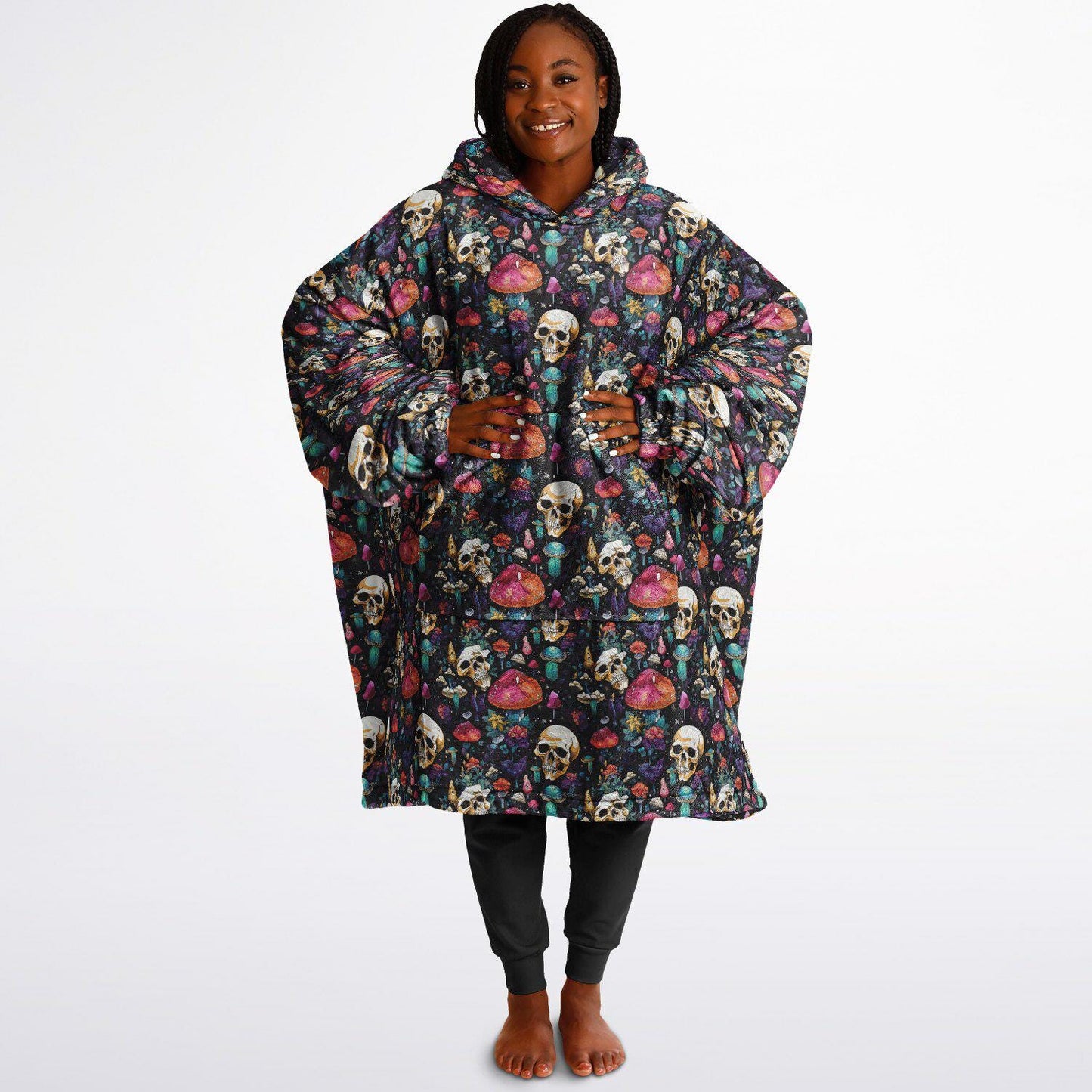 Psychedelic Trippy Horror Halloween Reversible Snug Hoodie,All Over Print Skulls Pullover Hooded Blanket Sleeves,Lounge Wear,Christmas Gift