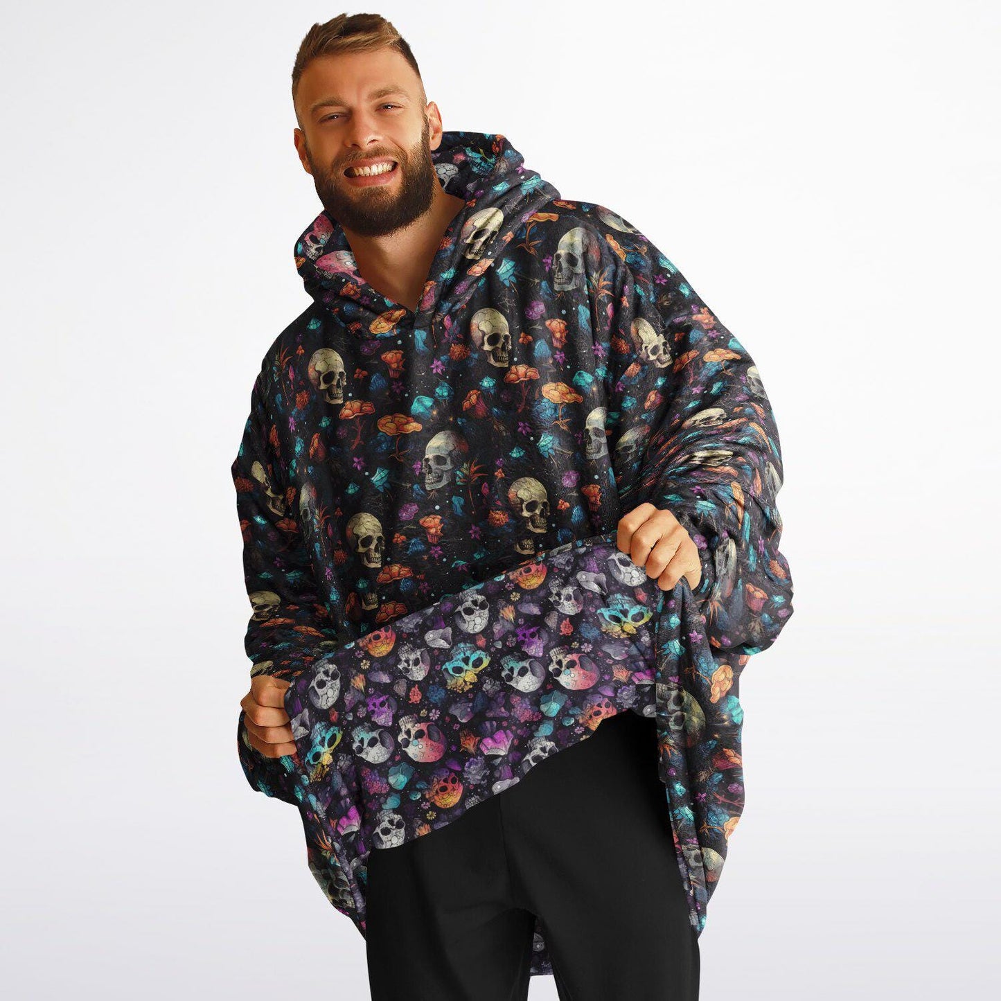 Psychedelic Trippy Horror Halloween Purple Skulls Reversible Snug Hoodie,All Over Print Pullover Hooded Blanket Sleeves,Fun Halloween Gift