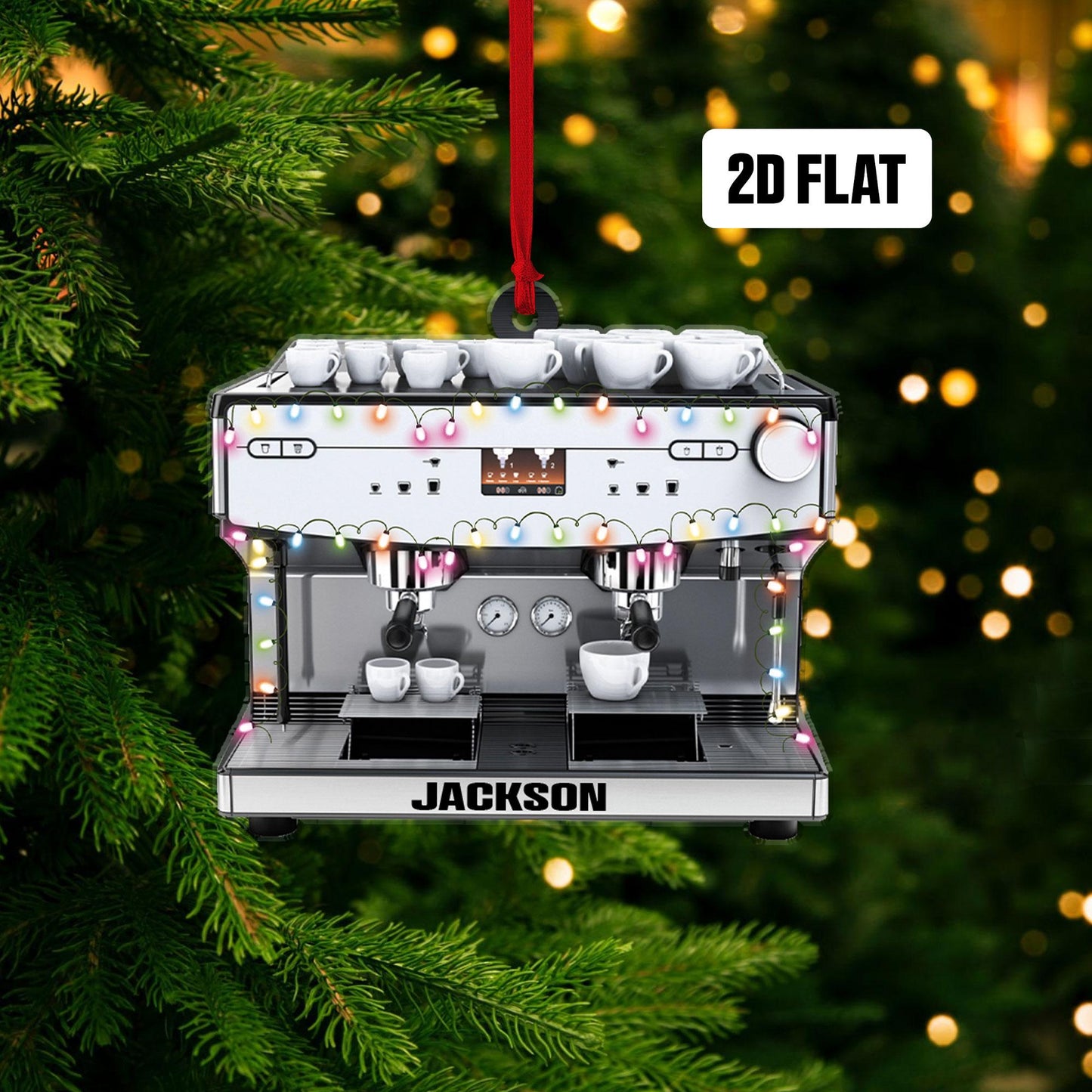Personalized Coffee Machine 2D Flat Ornament, Custom Name Christmas Tree Ornament, Barista Christmas Ornament, Gift for Coffee Lover