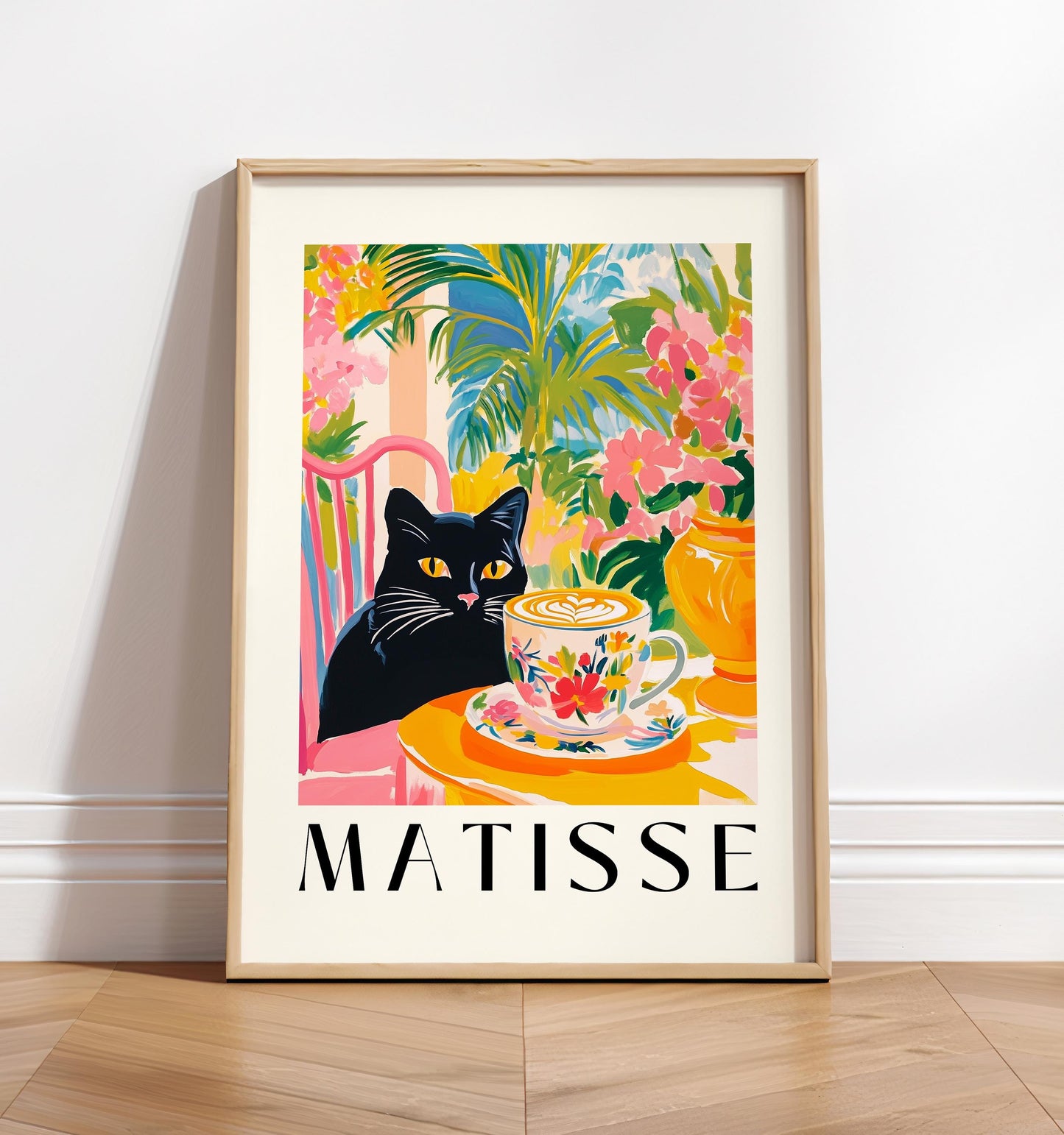 Black Cat Drinking Coffee: Funny Matisse Style Kitchen Art Print