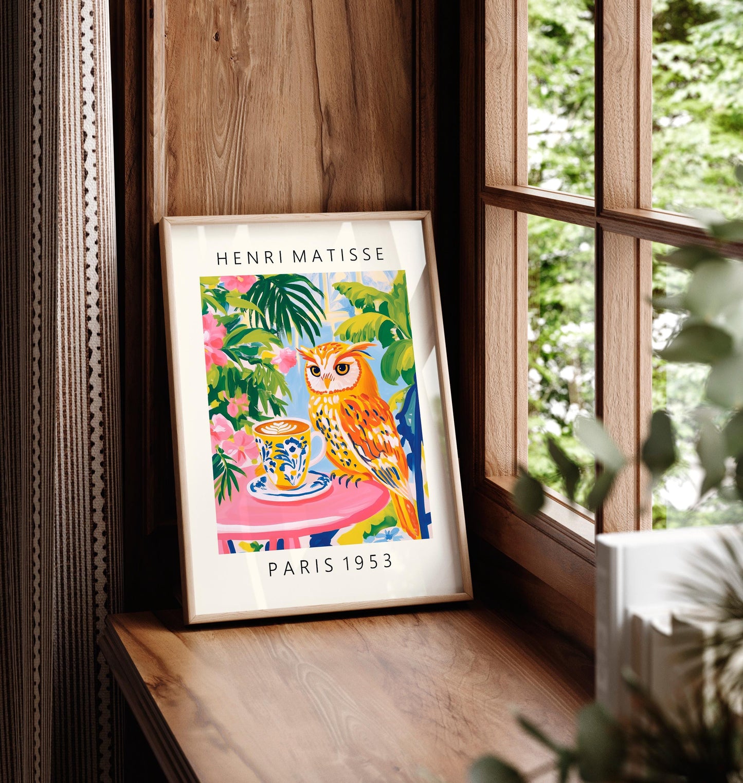 Owl Drinking Coffee Art Print: Matisse Style Kitchen Decor