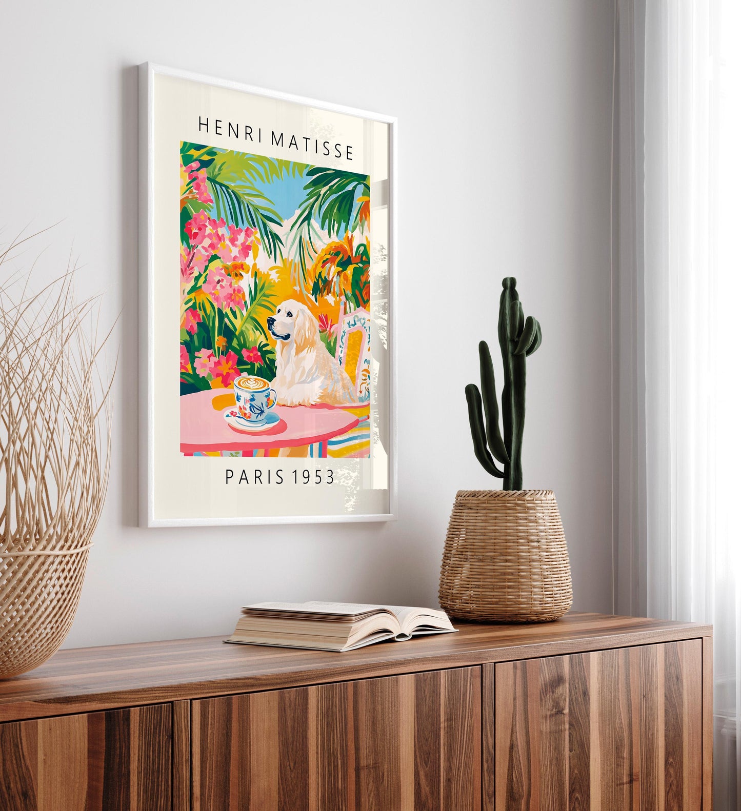 Great Pyrenees drinking coffee, Funny dog print, Pink kitchen wall art, dopamine decor, Henri Matisse print, Maximalist poster