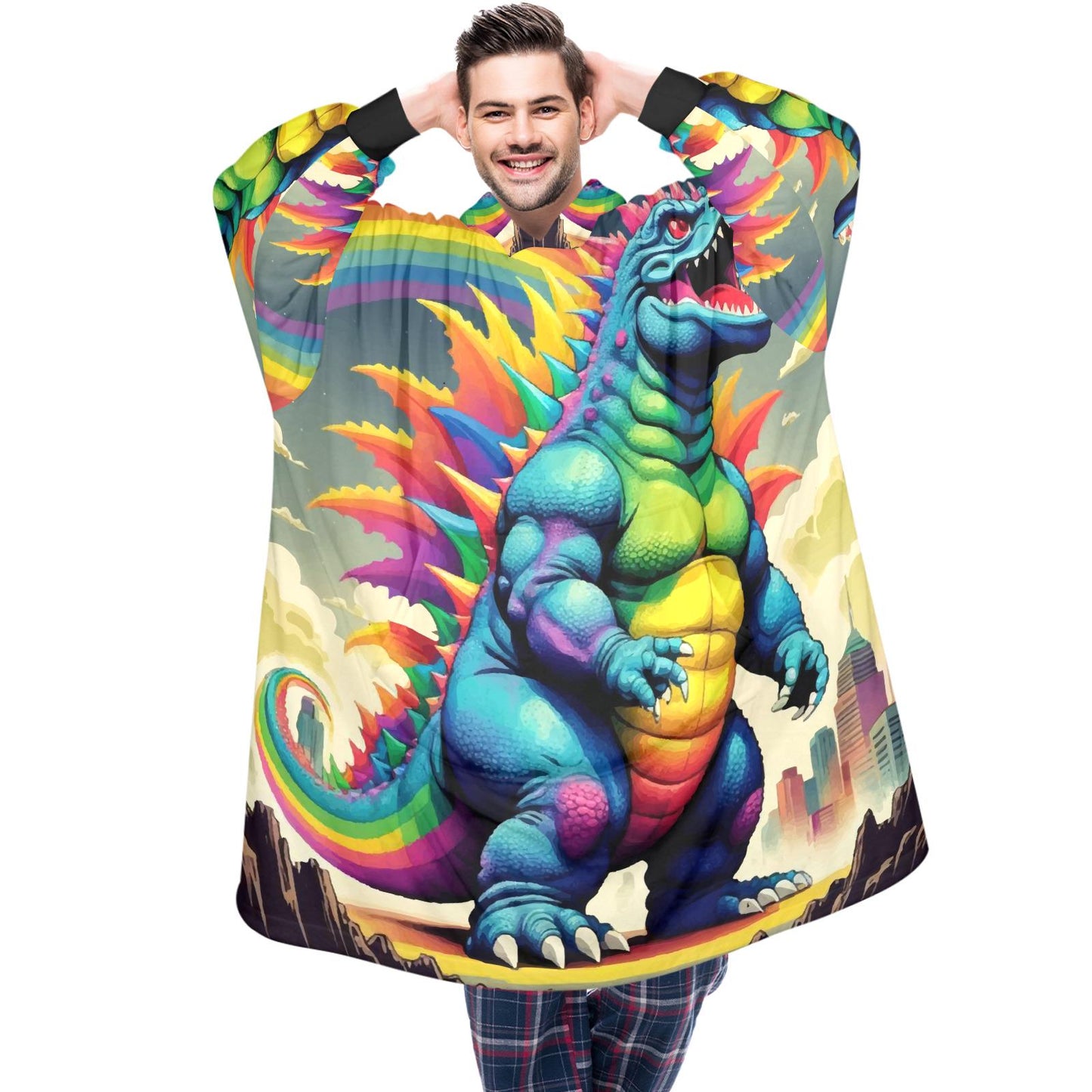 Retro Godzilla Blanket Hoodie Rainbow Kaiju Art Personalized Blanket