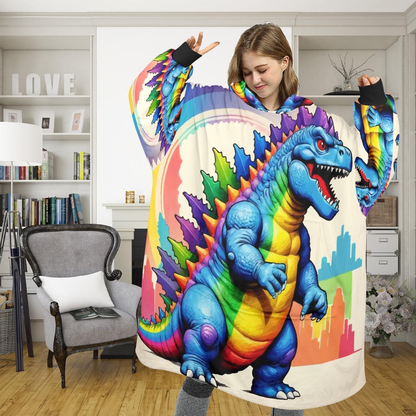 Retro Godzilla Blanket Hoodie Rainbow Kaiju Art Personalized