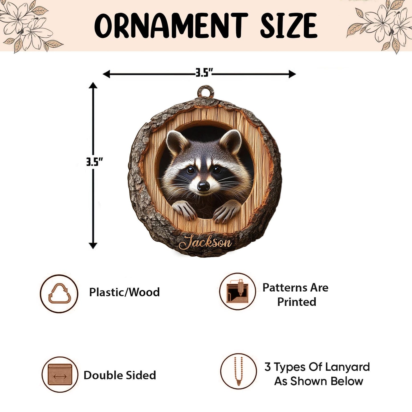 Personalized Racoon 2D Flat Ornament, Racoon Rearview Mirror Car Accessories, Racoon Christmas Ornament, Animal Lover, Racoon Lover Gifts