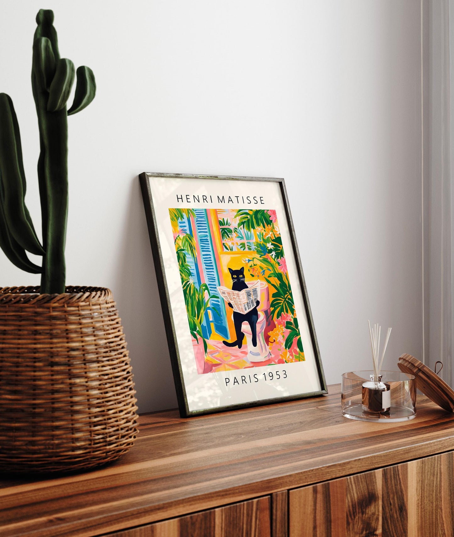 Black Cat on Toilet: Mattise Style Bathroom Print, Funny Tropical Decor