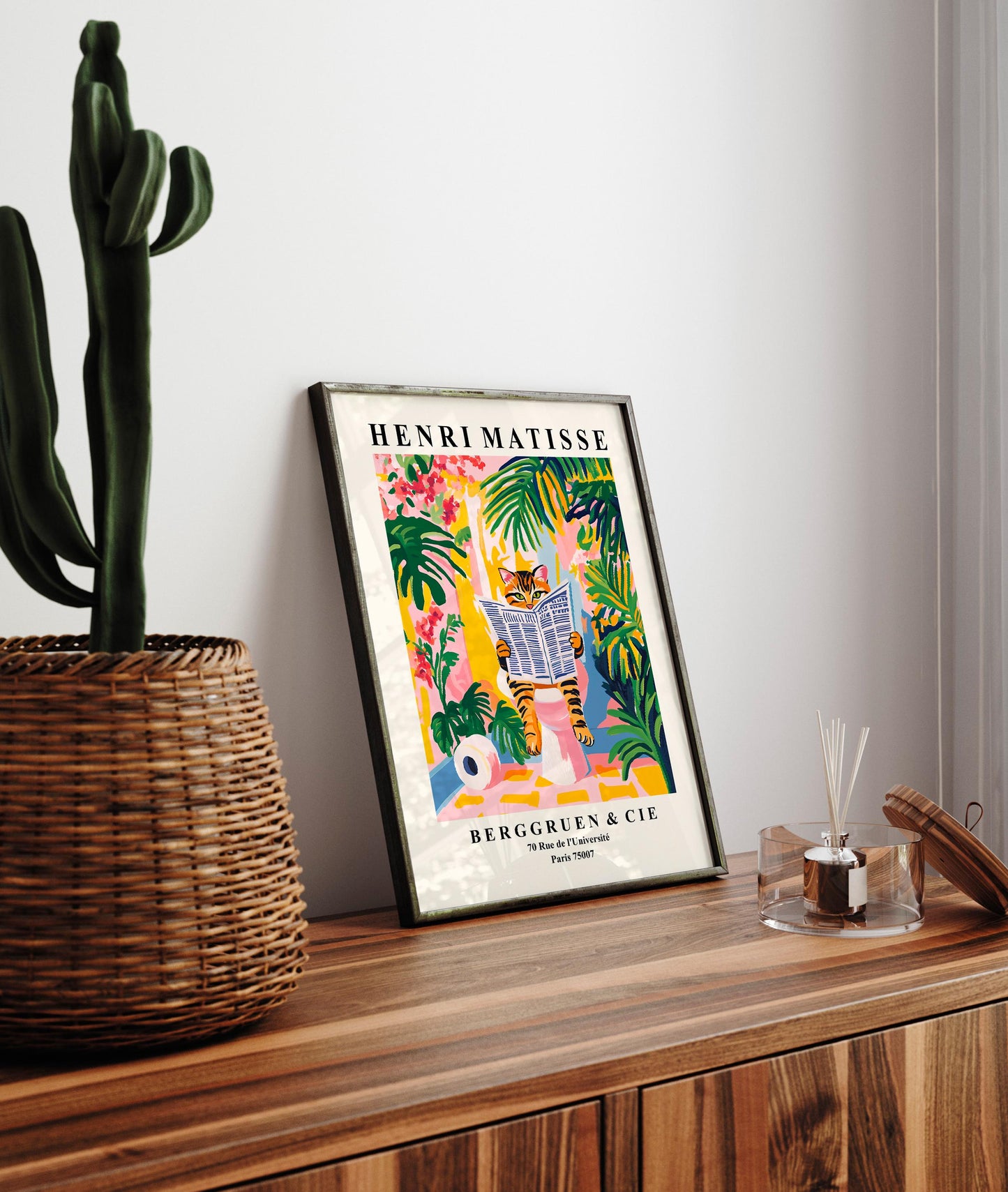 Tabby Cat on Toilet Art Print: Funny Matisse Style Bathroom Wall Art