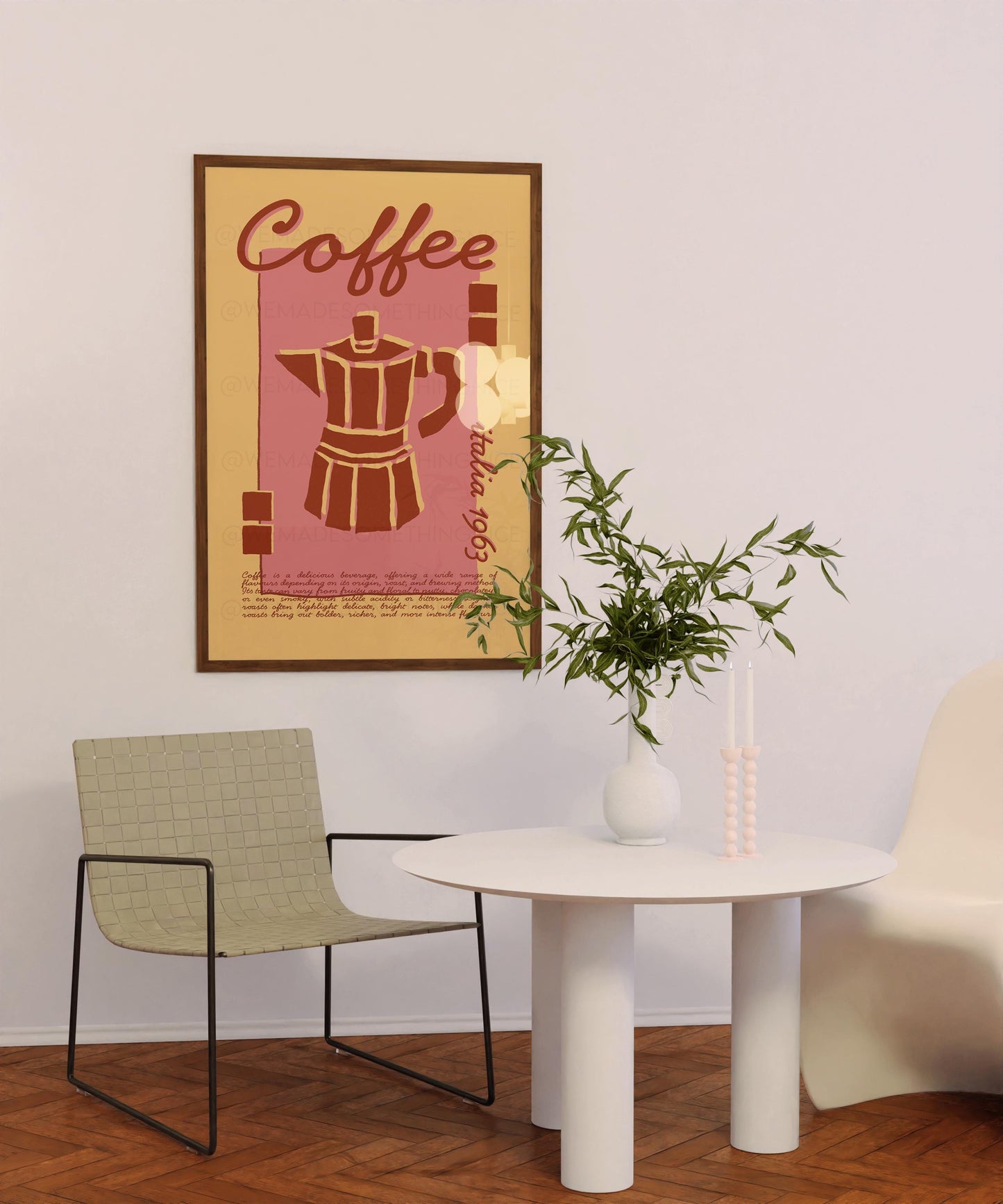 Coffee Poster, Kitchen Art, Kitchen Poster, Kitchen Print, Moka Pot, Modern Kitchen Decor, Retro Poster, Exhibition Poster, Pink Wall Art