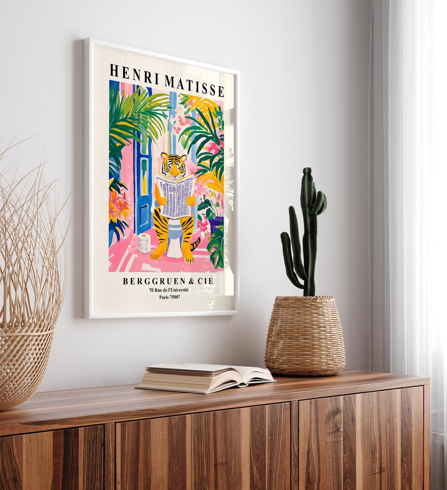 Funny Tiger Bathroom Print: Matisse Style Pink Decor