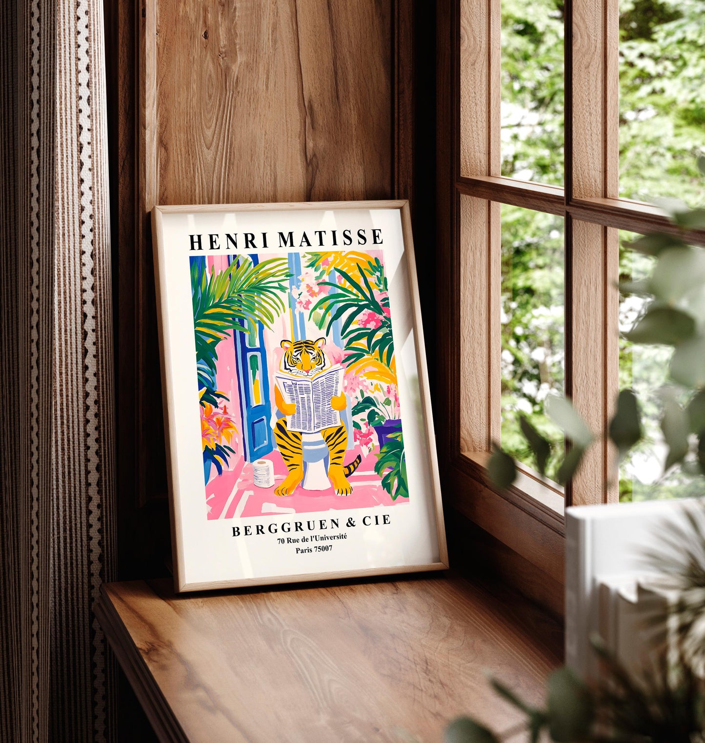 Funny Tiger Bathroom Print: Matisse Style Pink Decor