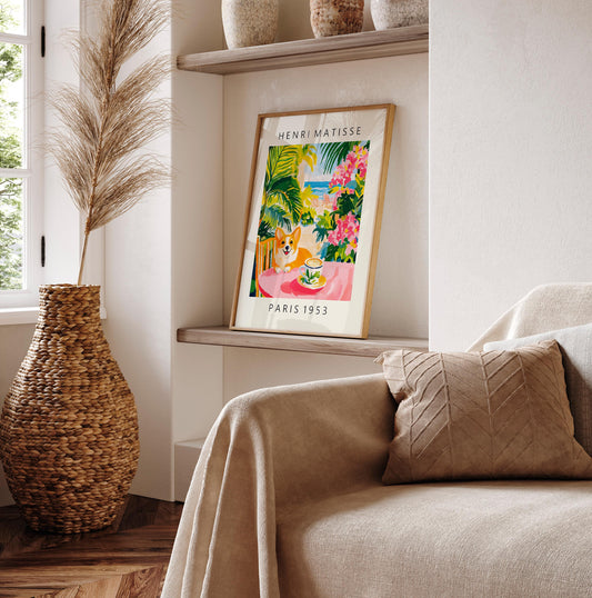 Corgi Coffee Print: Matisse Style Pink Kitchen Art