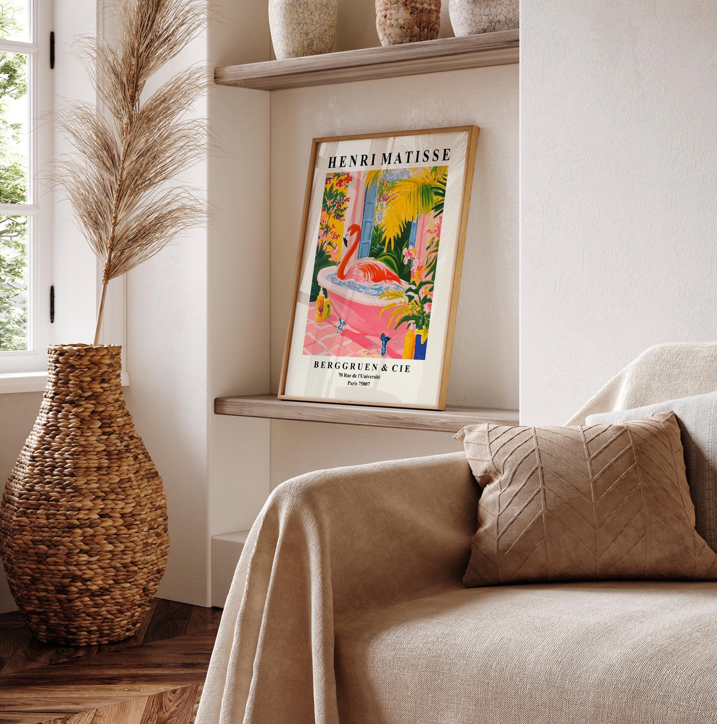 Flamingo in Bathtub Art Print: Funny Pink Bathroom Wall Decor