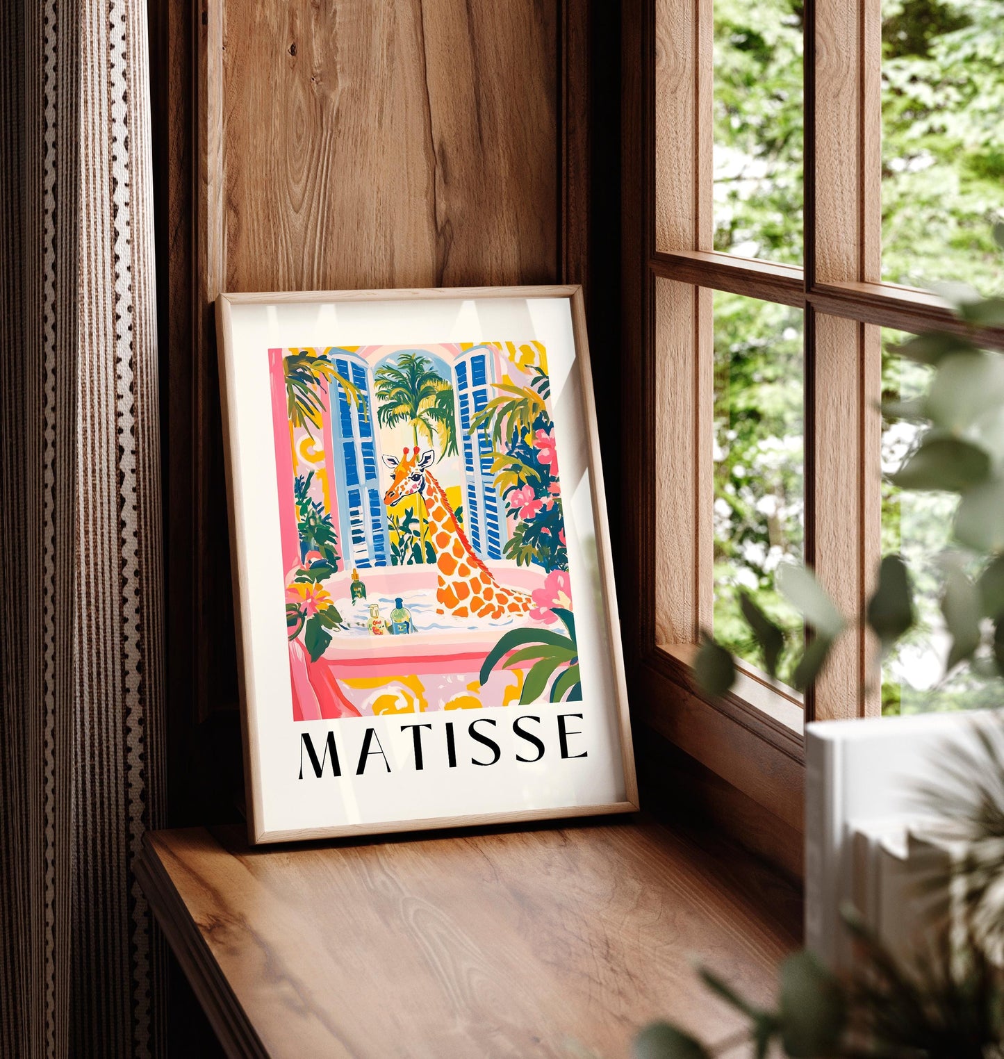 Giraffe in Bathtub Print: Funny Matisse Style Bathroom Art