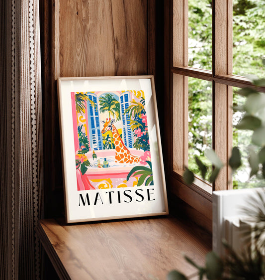 Giraffe in Bathtub Print: Funny Matisse Style Bathroom Art