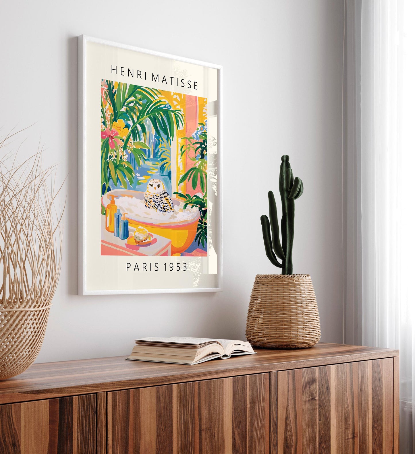 Snowy Owl in Bathtub Art Print: Funny Bathroom Decor