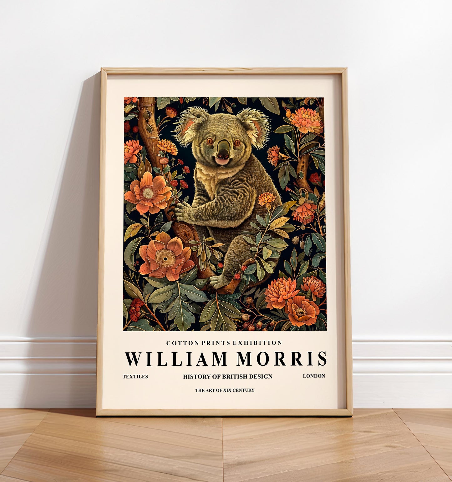 Koala Print: William Morris Style, Dark Botanical Animal Poster
