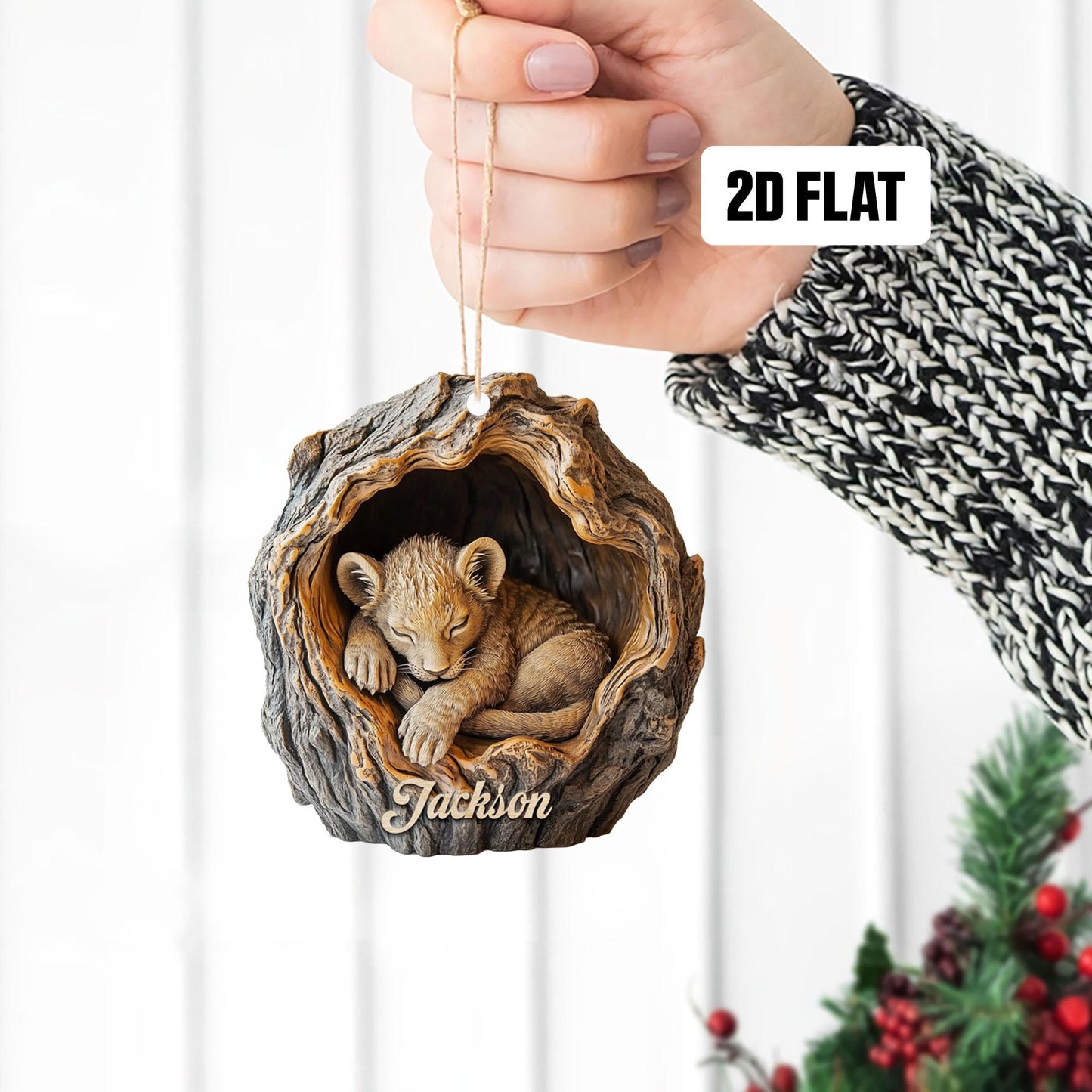 Personalized Lion 2D Flat Ornament, Custom Name Christmas Tree Ornament, Lion Baby Christmas Home Decor, Xmas Gift for Lion Lover