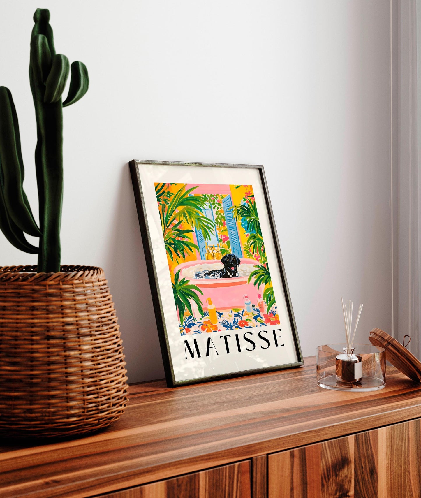 Black Labrador Matisse Print: Funny Tropical Bathroom Poster