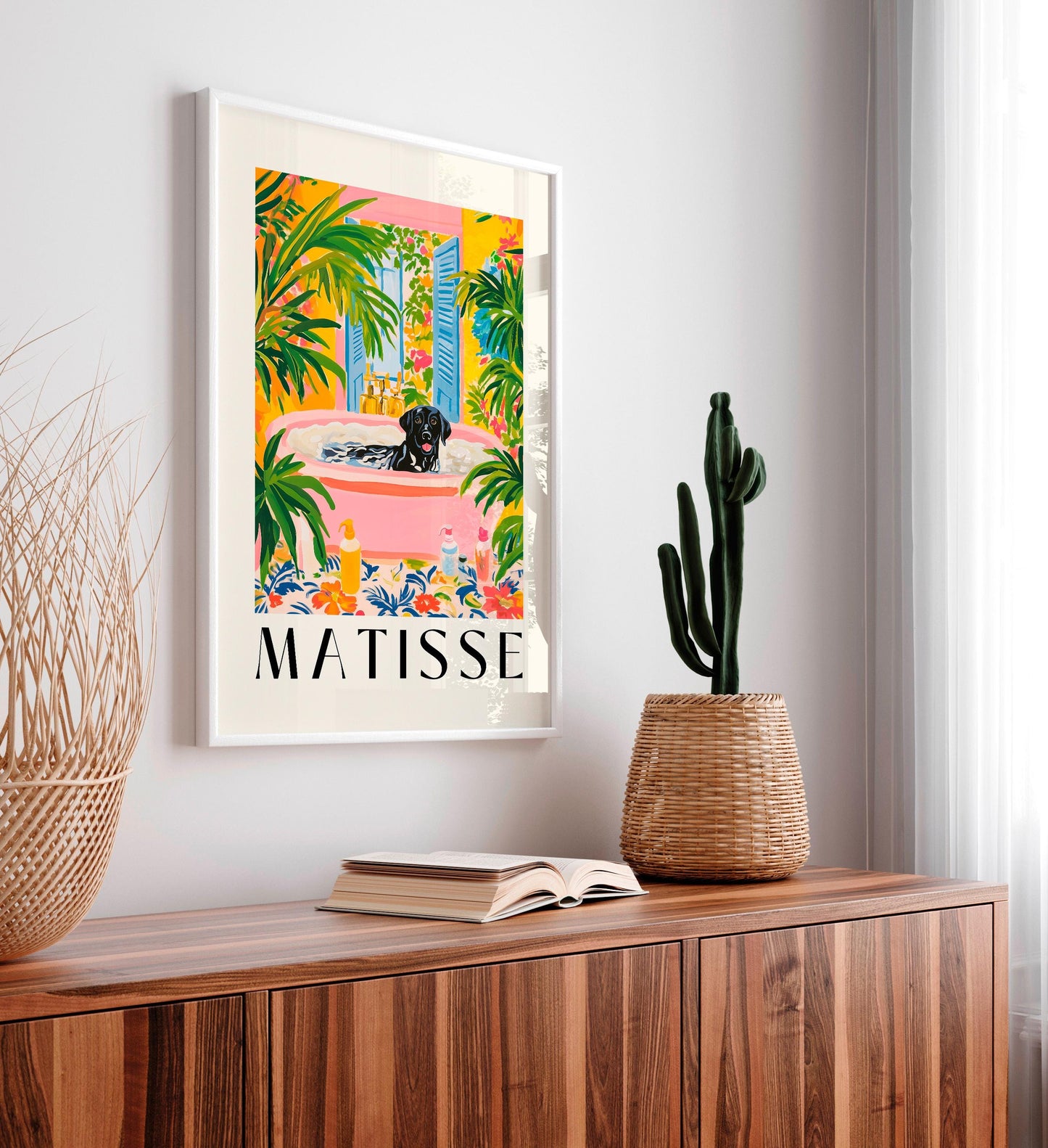 Black Labrador Matisse Print: Funny Tropical Bathroom Poster