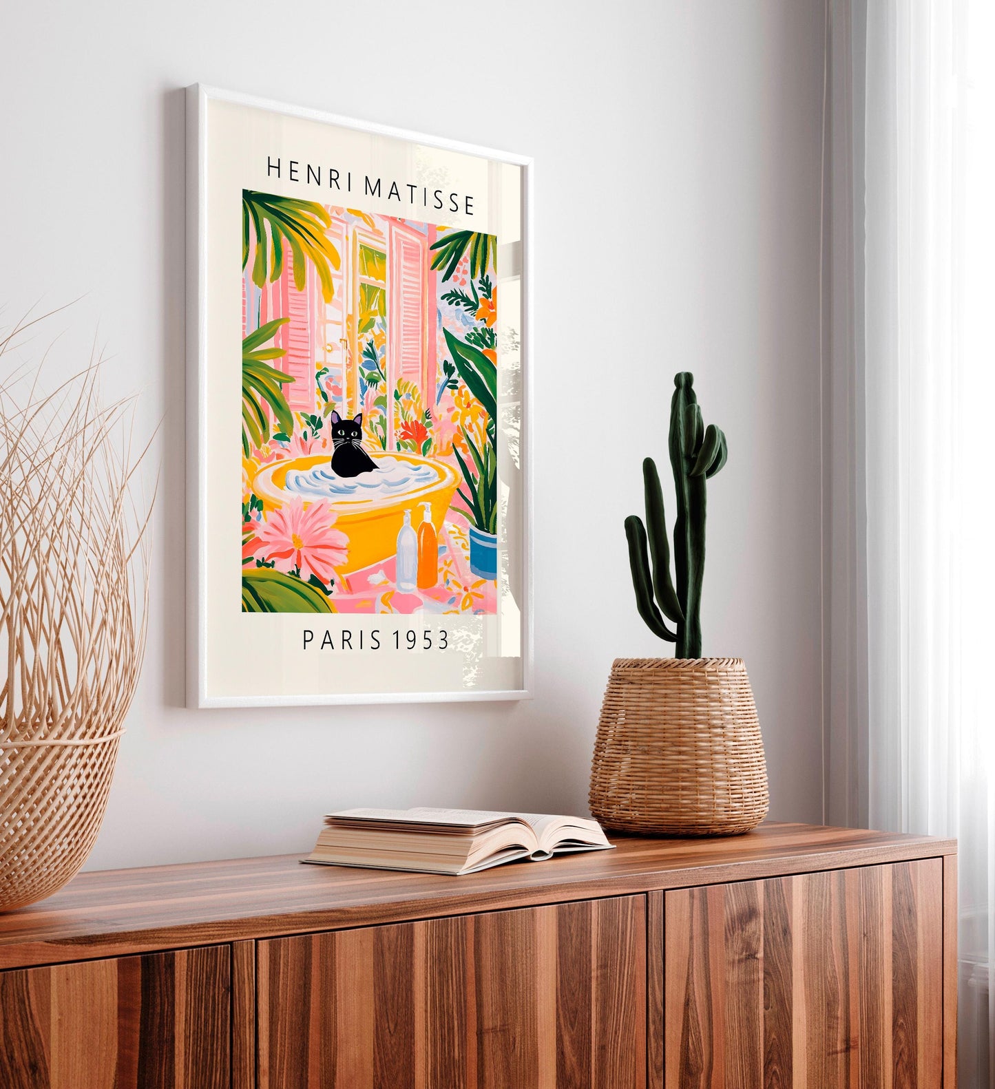 Black Cat in Bathtub Print: Matisse Style Bathroom Wall Art