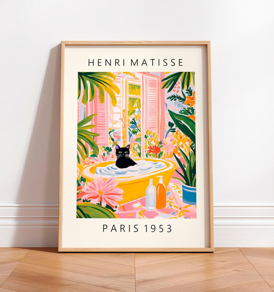 Black Cat in Bathtub Print: Matisse Style Bathroom Wall Art