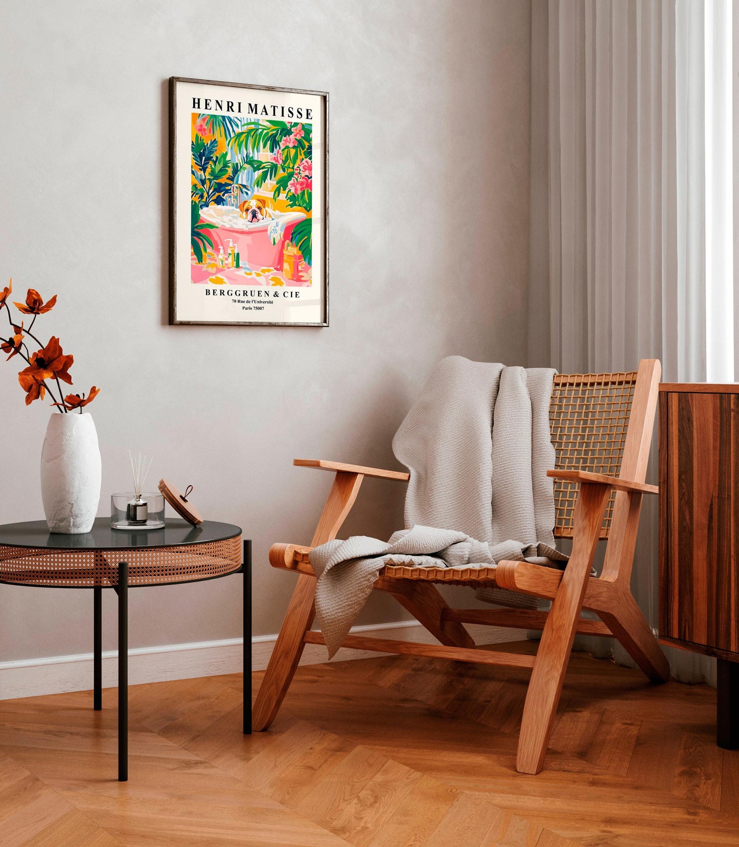 English Bulldog in Bathtub Art Print: Matisse Style Bathroom Decor