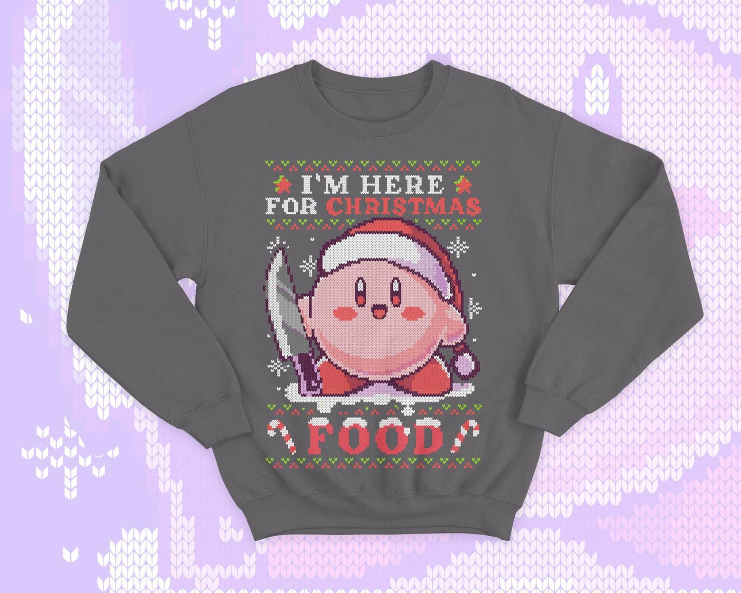 Kirby knife Ugly Christmas - Kawaii sweatshirt gift - Cute pink hungry Kirby - Food - Kawaii gamer geek present