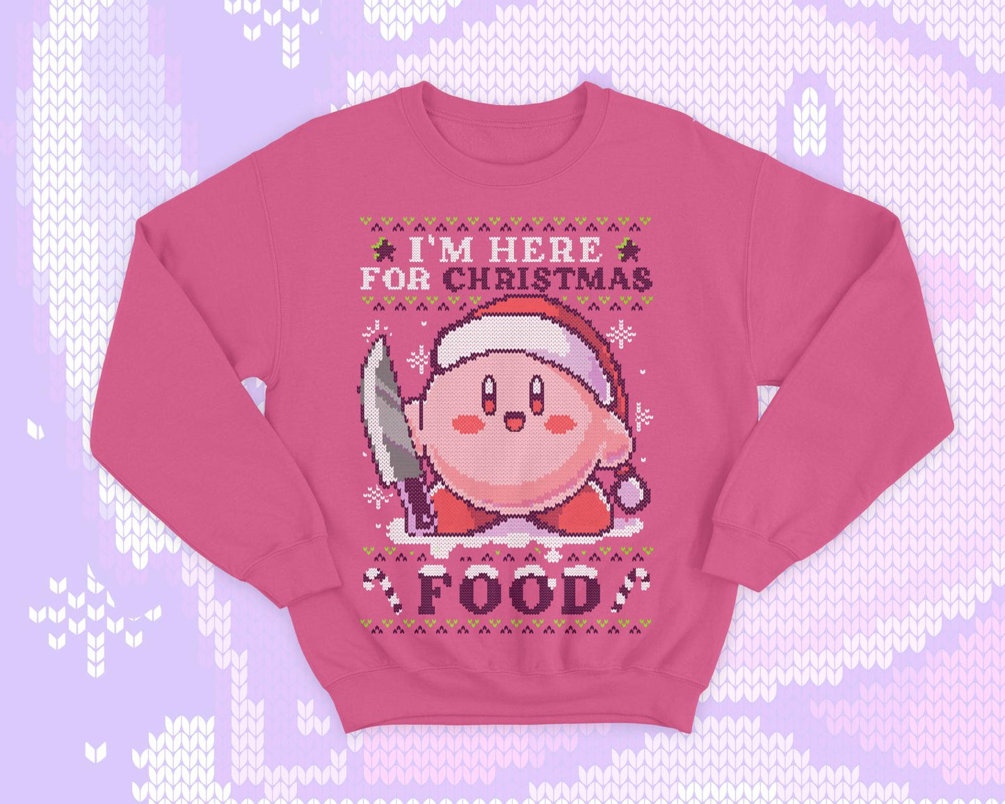 Kirby knife Ugly Christmas - Kawaii sweatshirt gift - Cute pink hungry Kirby - Food - Kawaii gamer geek present