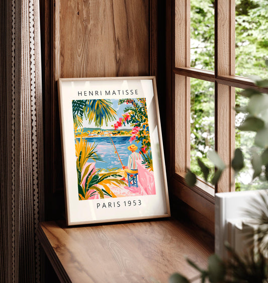 Fisherman painting inspired by Henri Matisse, Aesthetic poster, Beachy decor, Matisse cut outs, Maximalist wall art