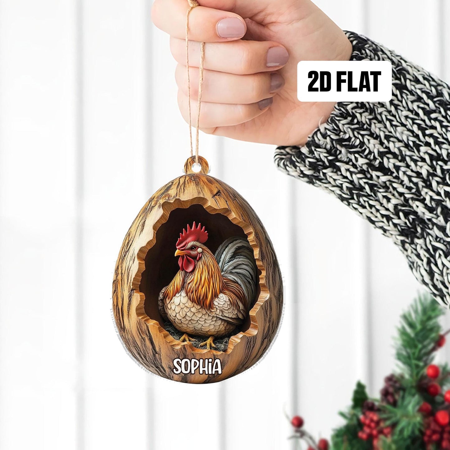 Personalized Rooster 2D Flat Ornament, Custom Farmhouse Christmas Tree Ornament, Chicken Christmas Home Decor, Xmas Gift for Farmer