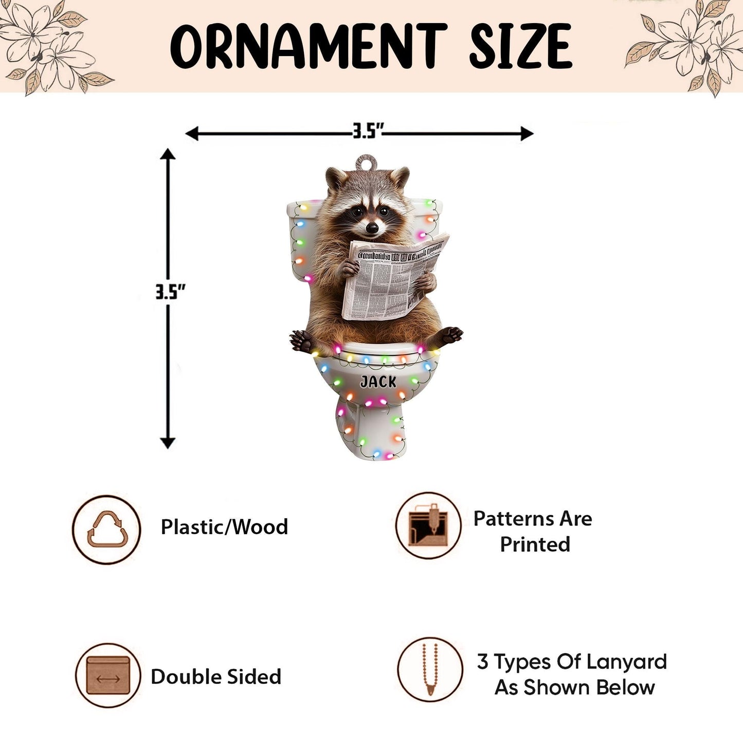 Personalized Racoon 2D Flat Ornament, Racoon Sitting on the Toilet Ornament, Funny Christmas Home Decor, Animal Lover, Racoon Lover Gifts