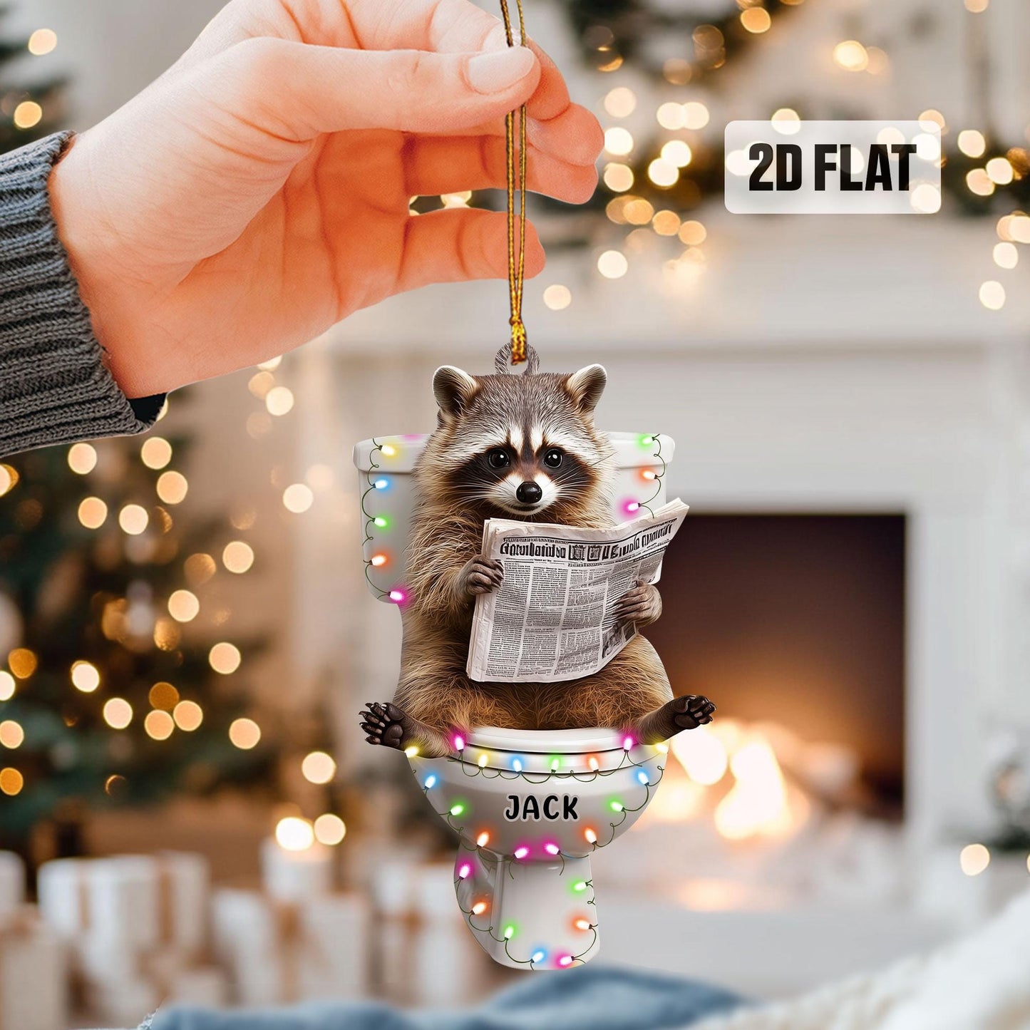 Personalized Racoon 2D Flat Ornament, Racoon Sitting on the Toilet Ornament, Funny Christmas Home Decor, Animal Lover, Racoon Lover Gifts