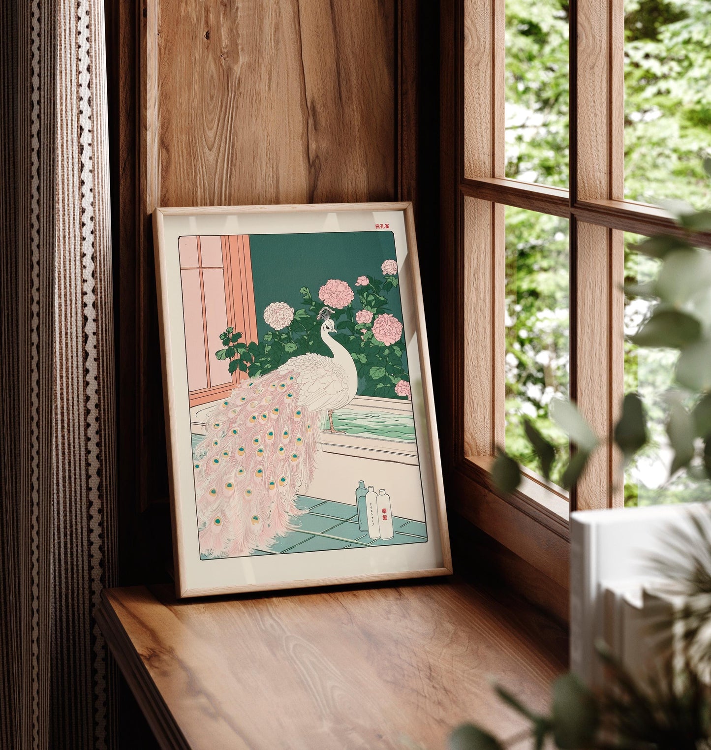 Albino Peacock Ukiyo-e Art: Japanese Bathroom Print