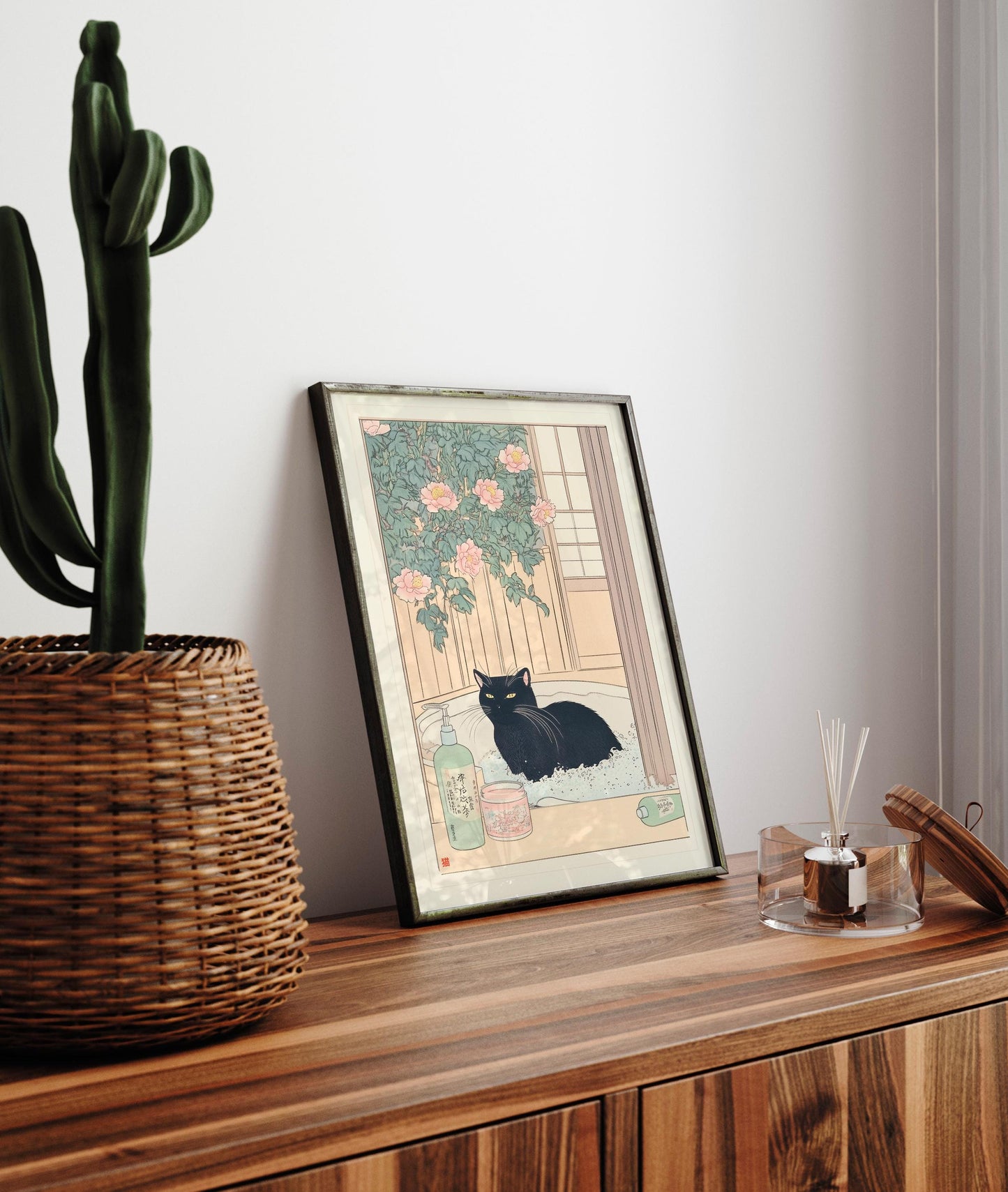 Japanese Black Cat in Bathtub Wall Art: Ukiyo-e Style Bathroom Print
